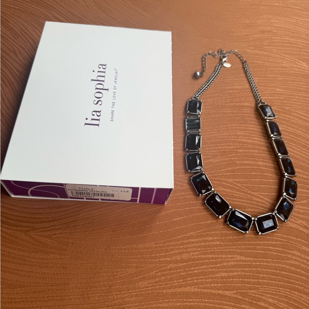 NIB Lia Sophia Set-“Chambord” navy crystal/silver necklace & bracelet set